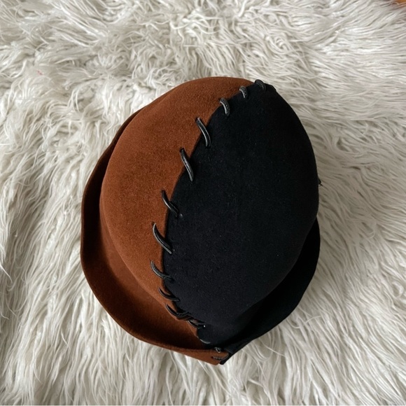 Christine A. Moore Colorblock Brown Black Felt Leather Whipstitch Hat One Size - Picture 5 of 8